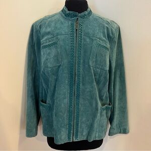 Bradley Bayou Teal Suede with Braided Leather Accent Womens Zip Jacket Size XL